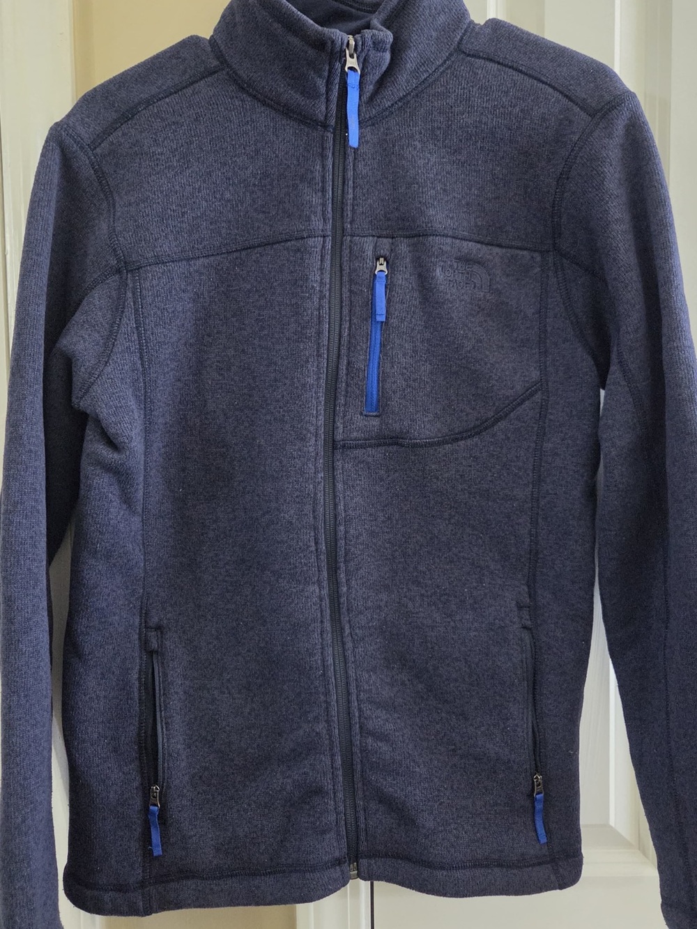 The North Face Dark Heather Gray Fleece Jacket with Blue Trim